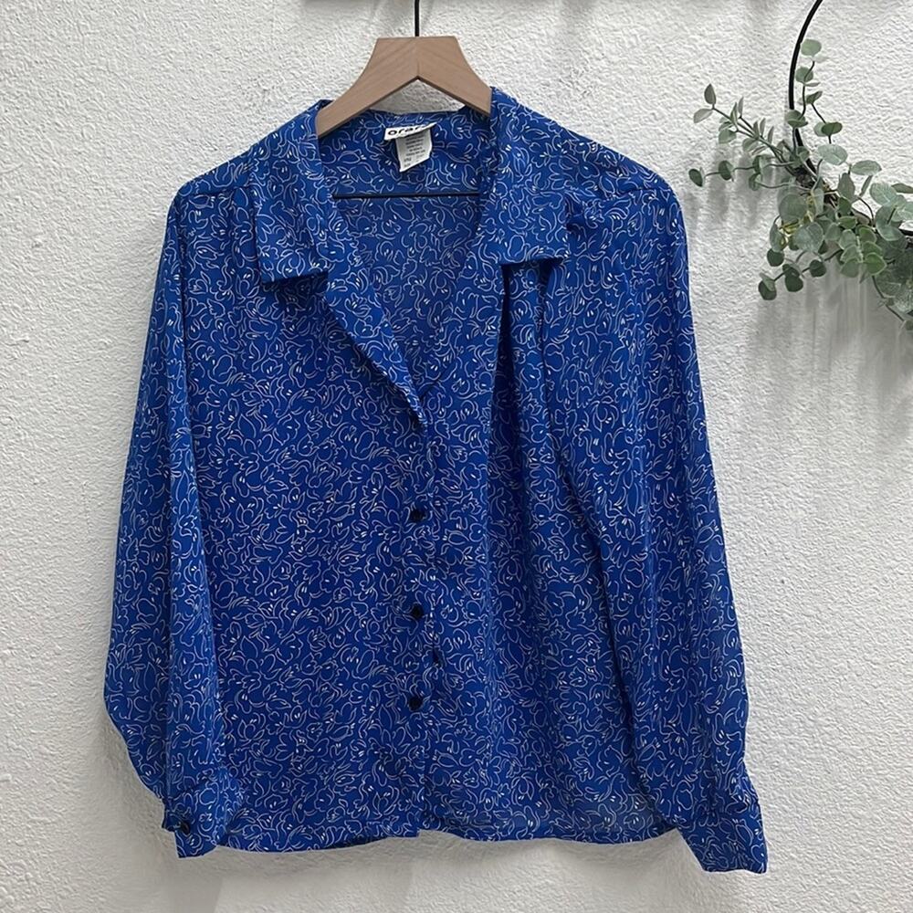 Vintage Womens Button Down Shirt Size 14 Blue Funky Maximalist Artsy 70s Rad